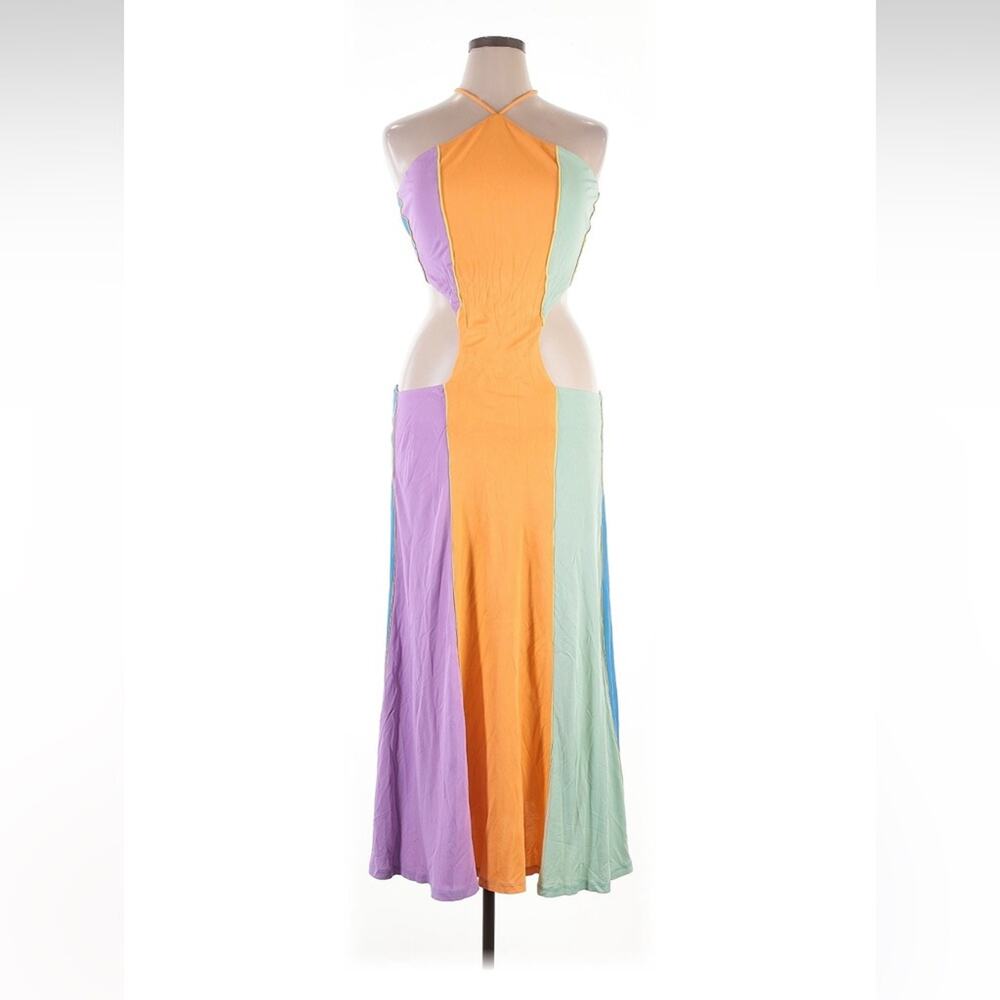 Colorblock Halter Cutout Maxi Dress - Pastel Yellow, Pink, Blue - Picture 3 of 6